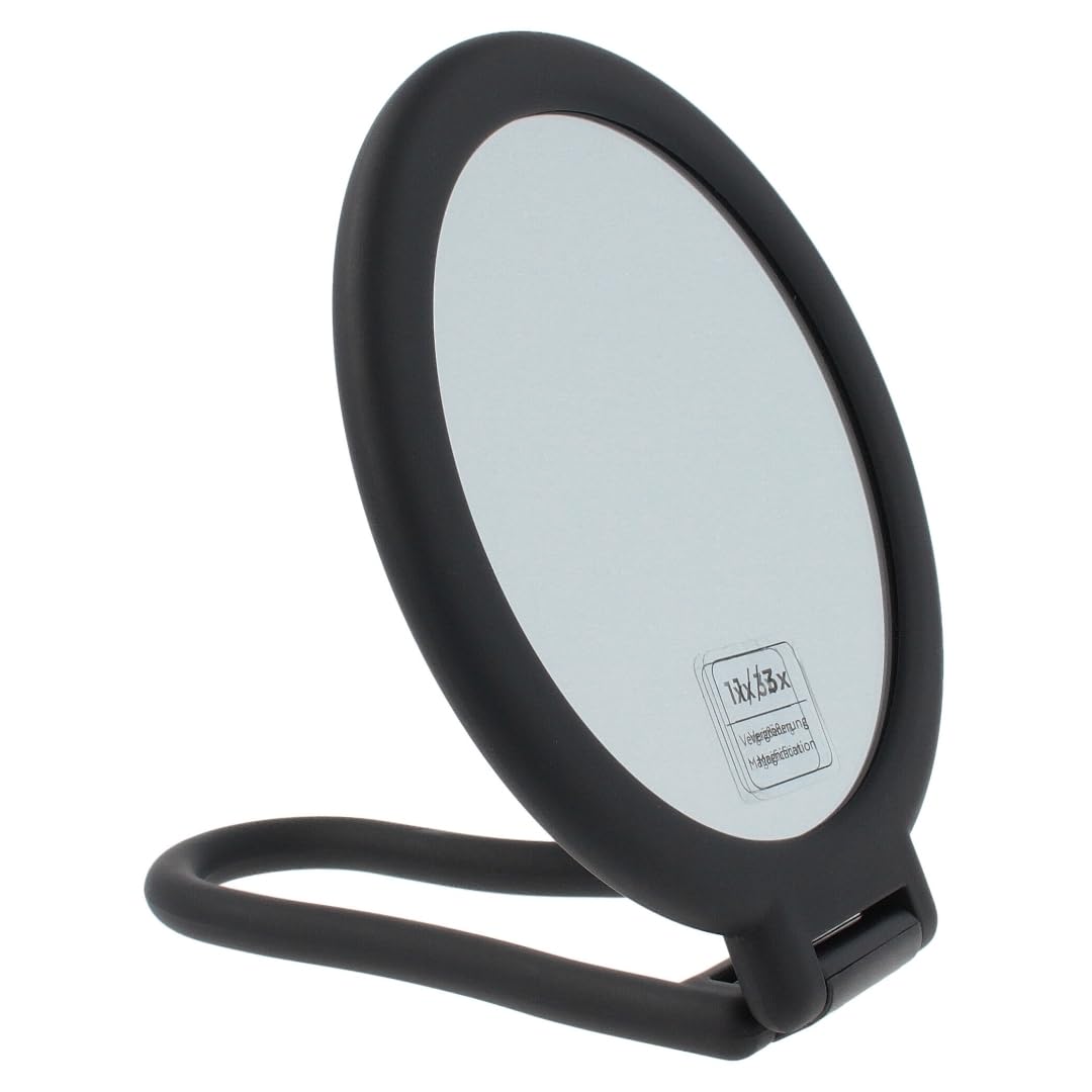 PARSA Beauty Miroir de maquillage rond à poser avec finition douce au toucher Double face (normale et grossissante x3) Pour le maquillage et la coiffure Noir