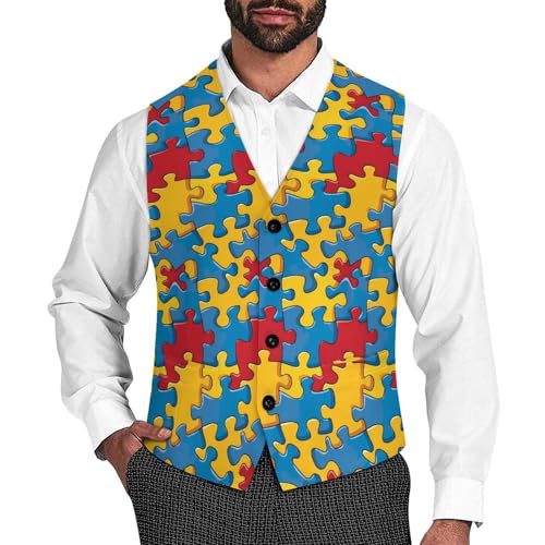 _Puzzle Piece Autism Awareness Men's Suit Vest Waistcoat Vests Formal Dress with 2 Pockets for Business Casual Tuxedo