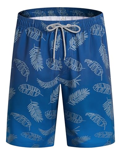 ELETOP Men's Swim Trunks Quick Dry Bathing Suit Swimming Board Shorts Mesh Lining Beach Swimwear Leaf Gradient Blue M