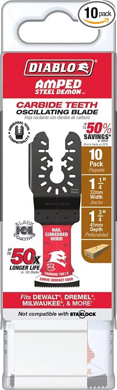 Diablo Amped Demo Demon Universal Fit Carbide Oscillating Blade for Nail-Embedded Wood - 1-1/4" Cutting Width, 1-3/4" Cutting Depth, 10-Pack - DOU125CW10