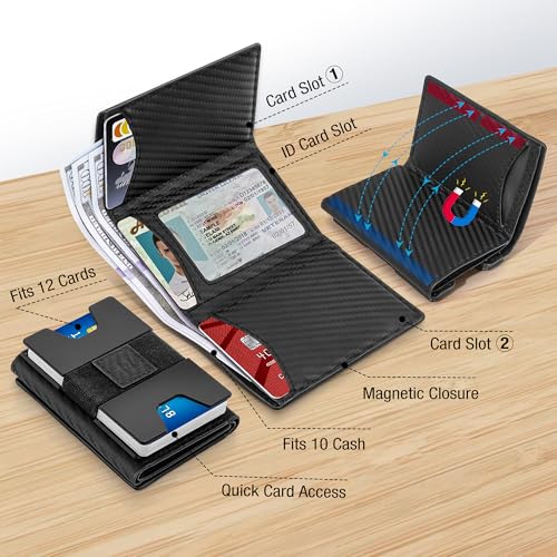 holixcase Minimalist Wallet for Men, Metal Rfid Blocking Card Case, Slim Tri-fold Wallet, Magnetic Card Holder, 15 Cards Capacitiy, Front Pocket Wallet with Cash Slot, Carbon Fiber