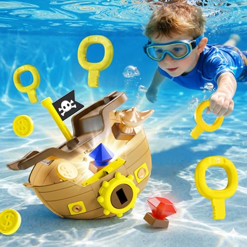 Funscape Kids Pool Diving Toy, Treasure Pirate Ship Diving Pool Game Water Play W/ Key Coin Gem, Toddler Swim Dive Toy Lake Bath Tub, Outdoor Summer Party Gift 3 4 5 6 7 8 Year Old Boy Girl Child Teen