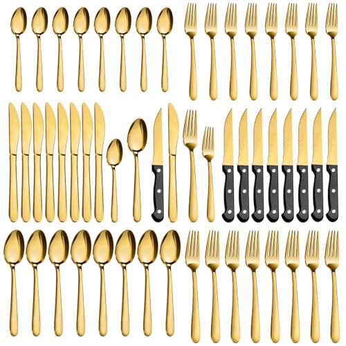 Pleafind 48-Pieces Gold Silverware Sets for 8, Flatware Set with Steak Knives, Stainless Steel Cutlery Set, Include Forks Spoons and Knives Set, Dishwasher Safe Utensil Sets for Home Restaurant