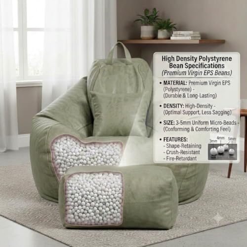 Image of 5XL Suede Bean Bag Chair with Footrest & Cushion | Filled with High Density Polystyrene Beans | Premium Soft Fabric | Teardrop Design with Handle | Ready to Use Color- (GREEN, Bean Bag Set)
