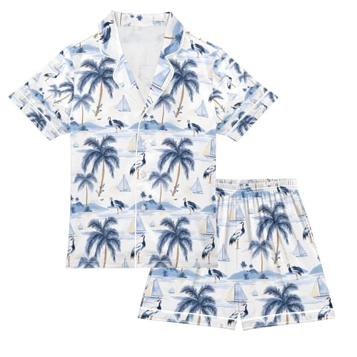 senya Blue Palm Tree Sailboat Crane Satin Summer Pajama Sets Silk Short Sleeve Button Down Sleepwear