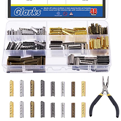Glarks Lot de 201 aglets en métal de 4 x 20 mm, 4 trous, tête ronde et plate, embouts de rechange avec pince à bec aiguille pour chaussures de sport en toile, bricolage, réparation