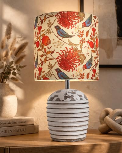 Image of Homesake Decorative Wooden Table Lamp for Living Room with E27 Holder|Bulb Included|Bedside Night Lamp, Table Lamp for Bedroom, Office |Ribbed Basket Design Home Decor Table Light, Birds Drum Shade