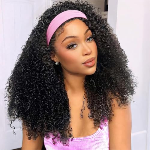 Headband Wig Human Hair Curly 200 Density 22 Inch Deep Wave Human Hair Headband Wig Machine Made Wear and Go Glueless None Lace Front Headband Wigs for Black Women Natural Color