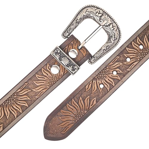 Cowboy Western Genuine Leather Belt for Men - Vintage Handcrafted Tooled Floral Design Engraved Changeable Buckle3