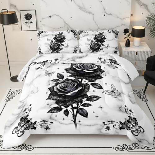 Image of QOOMO Black Flowers Bedding Set, Queen Size