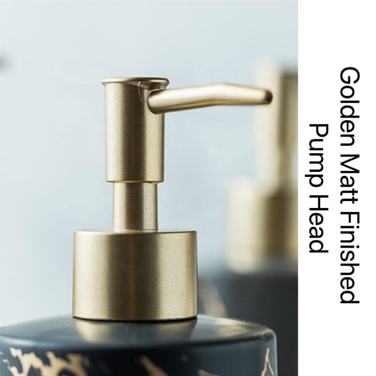 Image of Ceramic Soap Dispenser (Luxe Black) - 400ml Refillable Lotion Shampoo Bottle Matte Black & Gold Marbling Elegant Bathroom & Kitchen Counter Accessory Premium Pump Bottle