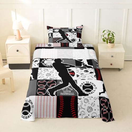 Image of Castle Fairy Baseball Player Bed Sheet Set Twin Size,Sports Geometric Grid Red Grey Sheet Set Kids Teens,Patchwork Baseball Bedding Decor Set with 1 Flat & 1 Fitted Sheet with 1 Pillow Sham