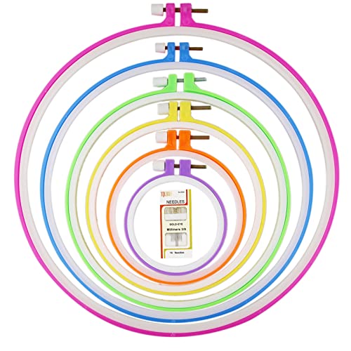 6 Sizes Colorful Round Embroidery Hoop Set Plastic Circle Stitch Hoop Rings for DIY Craft Sewing Including 16pcs Gold Eye Sewing Needles Embroidery Hoop