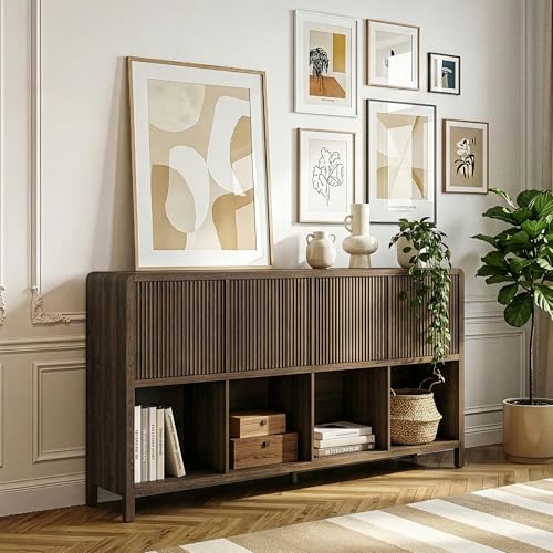 [en.casa] Aparador Bajo Lukkodso con 8 Compartimentos Mueble Auxiliar con 4 Puertas Variables Rectangular Armario Multiusos 77 x 145 x 30 cm - Efecto Nogal