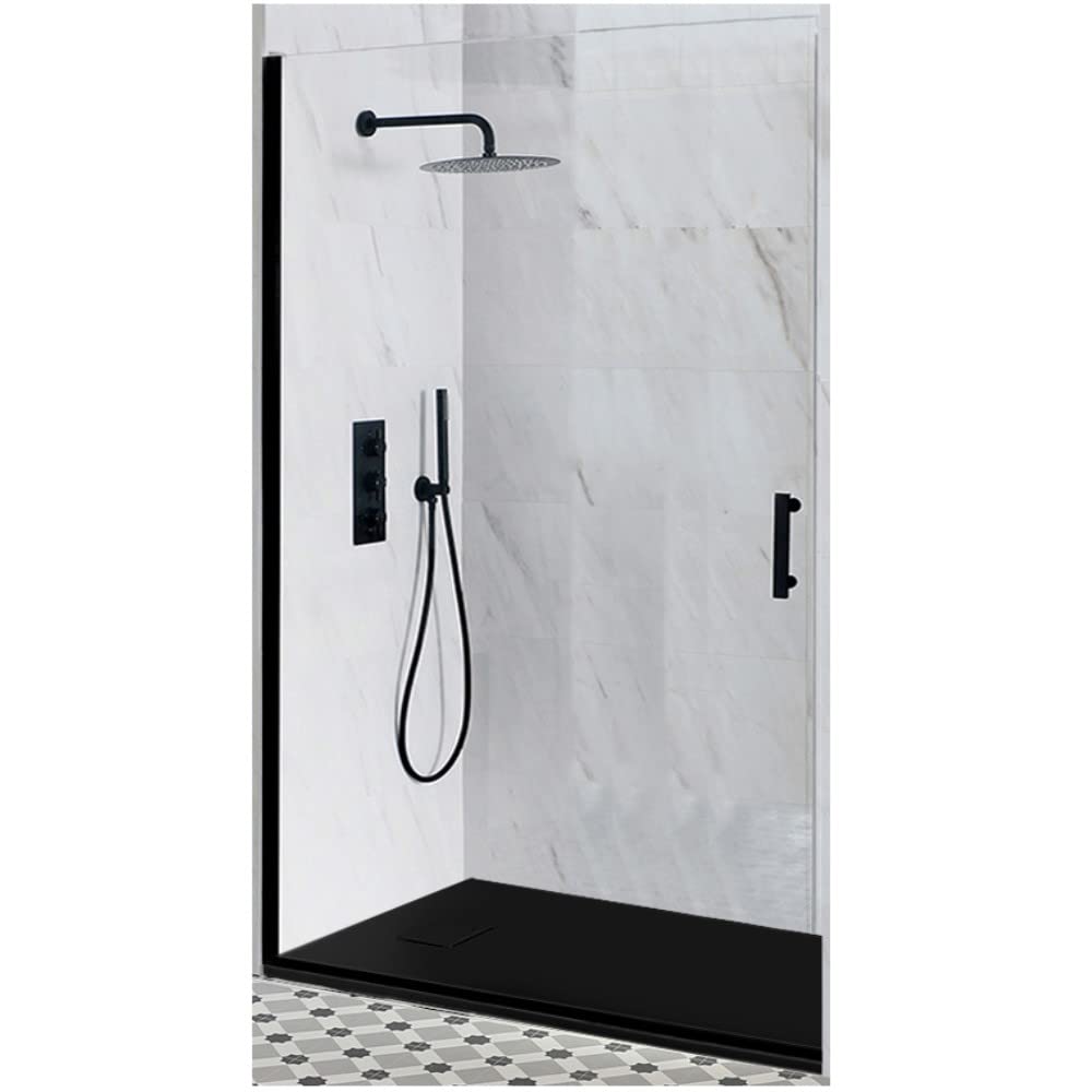 Milano Nero Black Reversible Walk in Hinged Door Shower Enclosure Graphite Tray - 900mm x 900mm