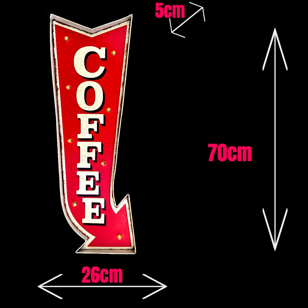 Dekoration für Retro Cafés – Dekorationen für Küche und Restaurant, LED Schild, Bar Zubehör, altes und antikes Zeichen, Wandschmuck Lichtschild | 70x26x5cm, ( blechtafeln cafe )