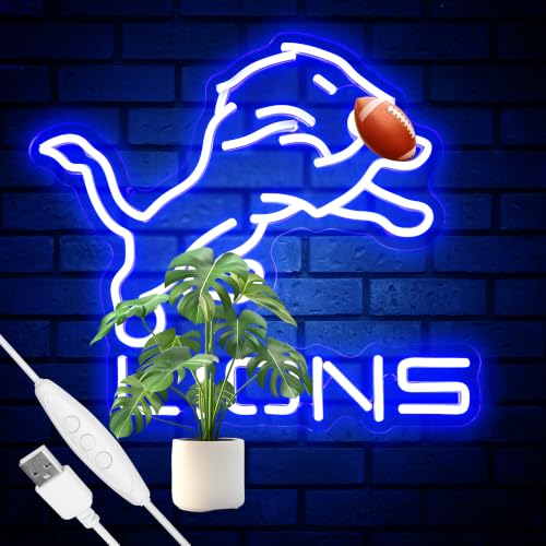 Detroit Football Team Neon Sign Cool Dimmable Light Up Football Team Logo Hanging USB Powered for Wall Decor Man Cave Bedroom Game Room Deco Birthday Christmas Merch Gift for Boys Fans