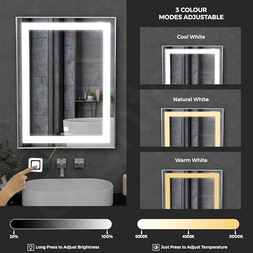 Image of Plantex Metal LED Wall Mirror with Triple-Tone /Touch Mirror for Bedroom /Dressing Room /Living Room - Rectangle Shape (18 X 24 Inch)