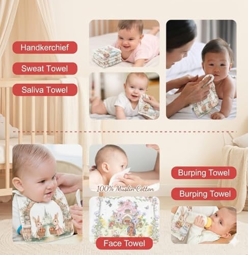 Image of Kassy Pop Baby Muslin Face Towel - Pack of 4 | Ultra Soft Baby Wipes Cum washtowel | 6 Layer Cotton | Reusable Hankies for Infants /Toddlers /Kids | 10 X 10 inches, Bunny Prints