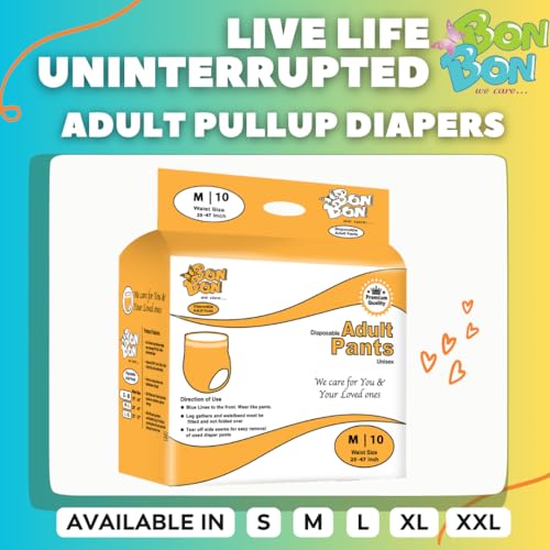 Image of BON BON Premium Unisex Adult Diaper Pant Style Medium (Pack Of 2)-20 Count-M-Ultra Leak-Guard With Absorption And Distribution Layer (Adl) And Multi-Strand Leg-Waist Size 20-47 Inch,50-119 Cm