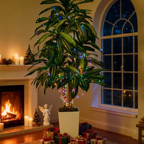 SJSCYD Artificial Dracaena Plant 6FT - Fake Tree with Tall Planter and Fairy Lights, Artificial Trees Faux Yucca Plants Indoor, Fake Plants for Home Office Living Room Decor