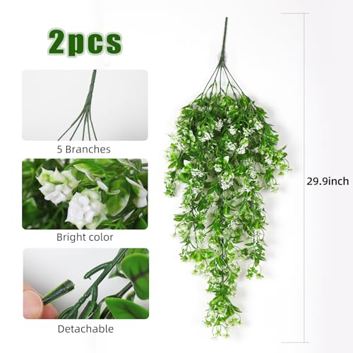 RECUTMS 2Pcs Artificial Hanging Flowers for Outdoors Fake Hanging Plants Artificial Trailing Plastic Plants for Hanging Basket Faux White Flowers Indoor Home Garden Wedding Party Decorations(White) - Image 2