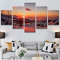 SIGNWIN 5 Panel Canvas Wall Art Sunset in The Mountains for Home Decorations Ready to Hang - 60