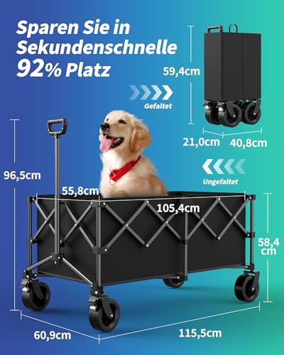 Kitsure 230L Bollerwagen faltbar 200KG Belastbar – Handwagen mit verstellbarem Griff, Offroad-Rädern, Transportwagen für Camping, Garten, Strand & Einkäufe, Schwarz, 115×60×96cm