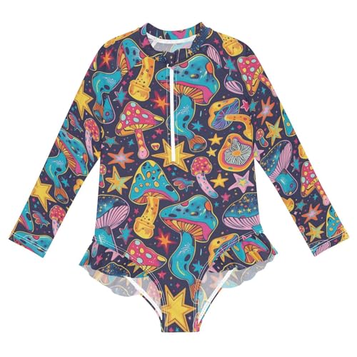 CaTaKu Girls One Piece Swimsuit Mushroom Star Toddler Bathing Suit Long Sleeve UPF 50+ Rash Guard Swimwear 3-12Y