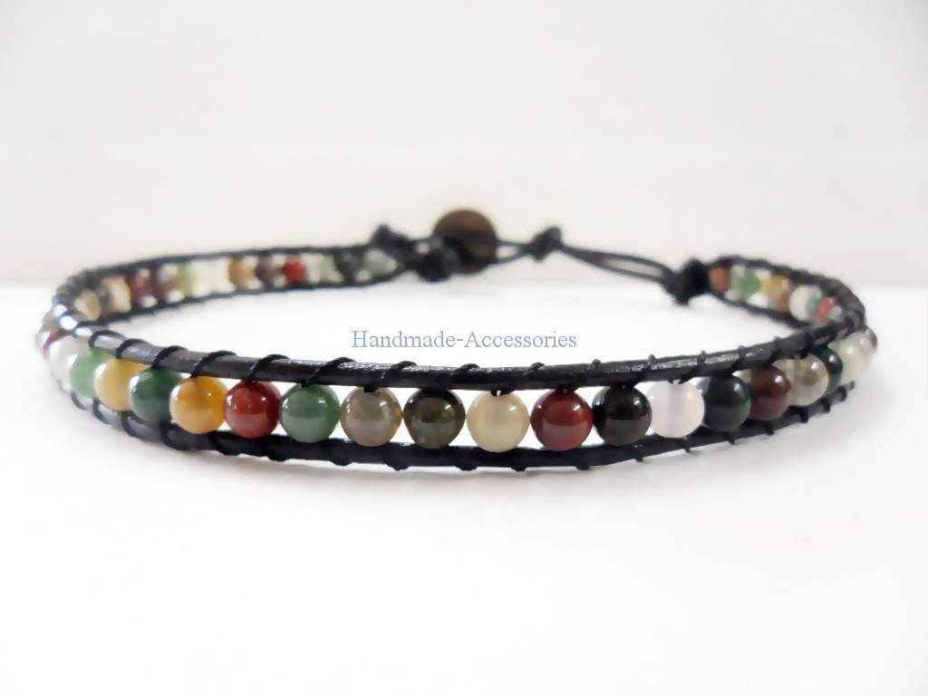 Infinityee888 Jasper Stone Ankle Bracelet 10 Inches Woven with Leather Cord Beautiful Handmade Hippie Bohemian Unisex Gift for Men and Women
