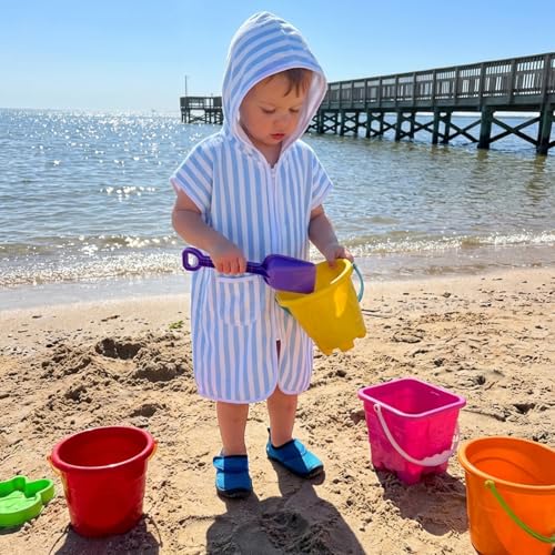 Image of Girls Boys Hooded Terry Coverups One Piece Swimsuits Summer Striped Trim Zip Up Short Sleeve Swim Cover Up Beachwear