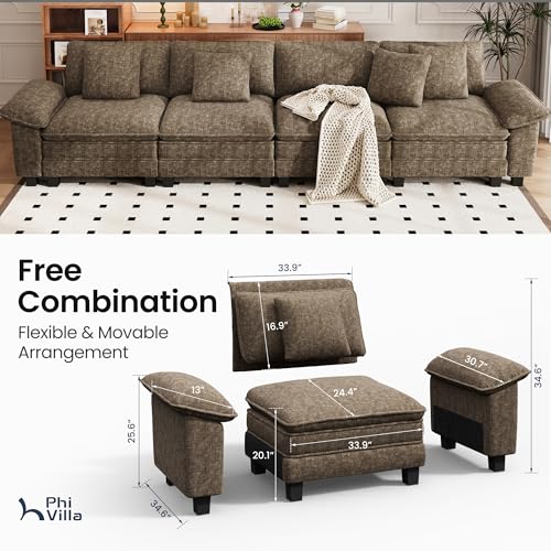 Image of PHI VILLA Cloud Modular Couches Sets, 157.5 inch Sectional Sofa with Upholstered Deep Seat, 4-Seater Long Couches for Living Room Apartment, Chenille Grayish Brown