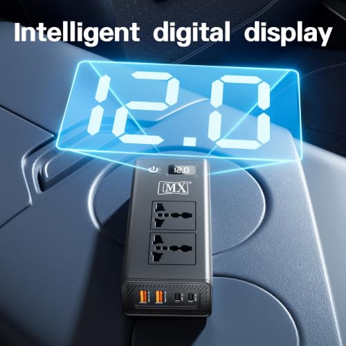 Image of MX 200W Car Power Inverter, 6-in-1 Car Laptop Charger with Dual AC Sockets, 20W Type-C PD, 36W USB Ports, Voltage Display, ON /OFF Switch, Multi-Protection,12V to 220V Car Adapter for Travel,Road Trips