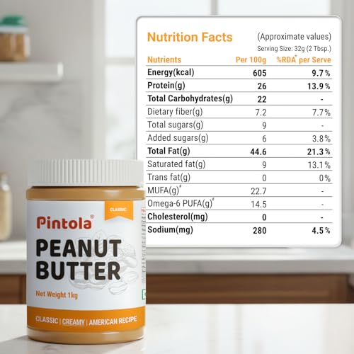 Image of Pintola Original Classic Peanut Butter Creamy 500g - with High Protein 26g & 7.2g Fiber, Premium Roasted Nuts, Gluten Free, Zero Trans Fat, with MUFA Good Fats, Vit E & B3, Dairy Free