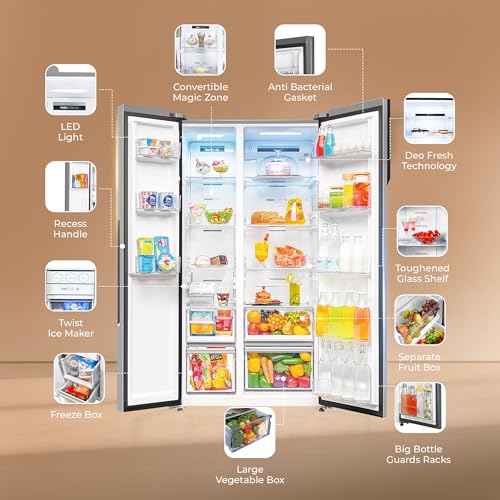 Image of Haier 602L 3Star 2 Door Premium Glass Door Side by Side Frost Free Refrigerator|Convertible|Smart Sense AI|Expert Inverter|Digital Display Panel|Deo Fresh Technology (HRS-682PMGU1, Mirror Glass)