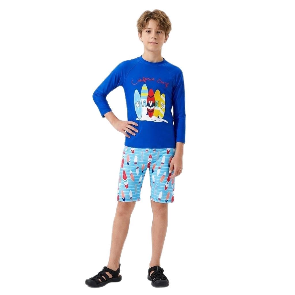 Boys Long Sleeve Rash Guard and Swim Shorts Set, Blue | Surfboard Print, 2-Piece Swimwear, Beach & Pool Wear, Long Sleeve Top, California Surf Design-image-13