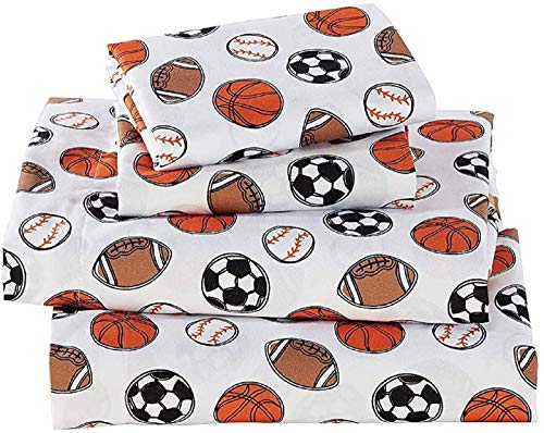 Image of Fancy Linen Crib Sheet Set Flat Fitted and Pillow Case Set for Boys/Girls Multi Color Sport Baseball Basketball Football Soccer White Black Orange Brown New