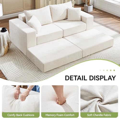 Image of 79 inch Boneless Cloud Loveseat Sofa Couch, Modular Foldable Floor Sofa with Ottoman, Chenille Lounge Convertible Sofa Bed for Living Room, No Assembly, Beige