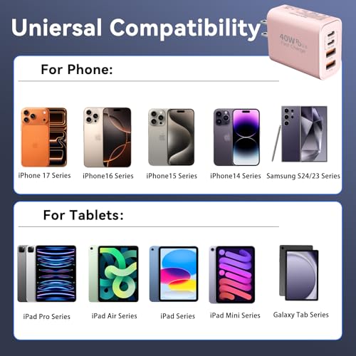 Image of USB C Wall Fast Charger Block, 40W 4-Port Type C Chargers Fast Charging Blocks PD Power Charger Adapter+QC 3.0 USB Multiport Charger Brick for Phone 17 /16 /15 /14 /13 /12 Pro Max, i-Pad, Galaxy S25-2Pack