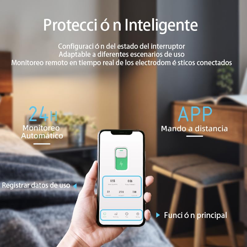 A hand holding a smartphone displaying the Smart Life app interface, showing real-time energy monitoring data for a connected device.