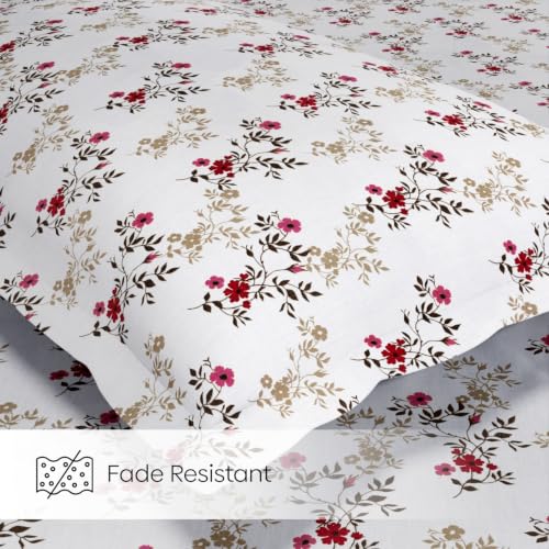 Image of Haus & Kinder Double Bed Bedsheet for Queen Size Bed with 2 Pillow Covers 90 Inch x 100 Inch | Premium Soft & Silky Pure Cotton 144 TC Flat Double Bedsheet | Belle Fleur Red