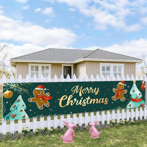Image of Gingerbread Christmas Banner 78.7 x 17.7 Inch Cute Cookie Character and Christmas Tree Design Holiday Decoration for Home Garden Fence Porch or Indoor Wall Display Scene
