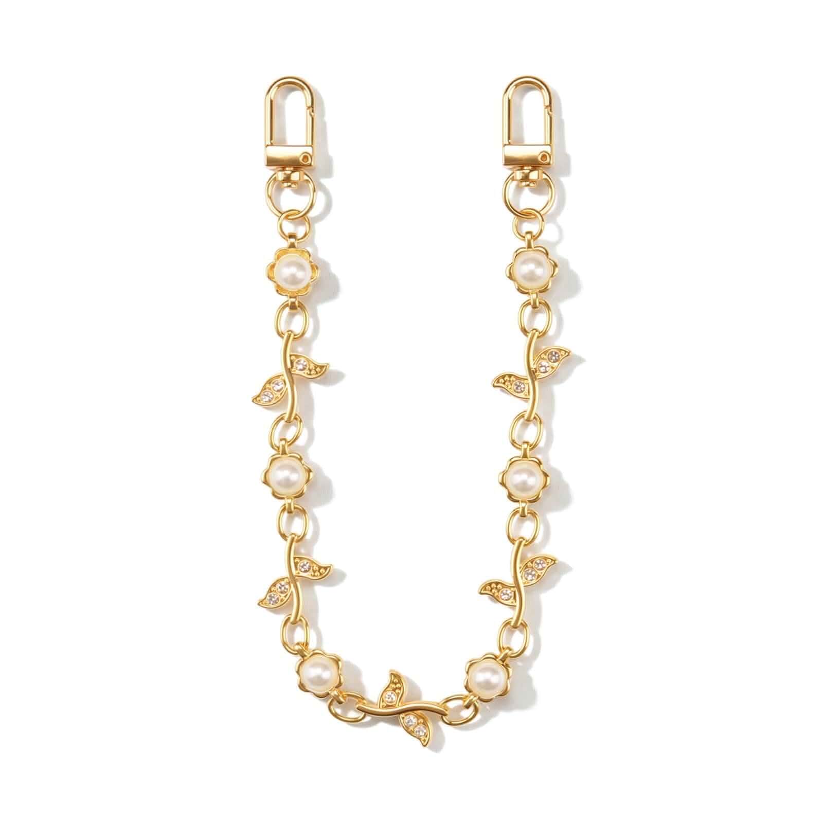 Leaves & Pearl Bag Chain Charm, Brilliant Zircon Purse Chain Strap, Shoulder Bag Extender for Women, Gold Dressy Handbag Accessories for Wedding Evening Party