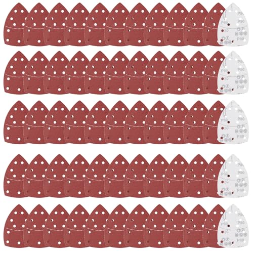 60 piezas papel de lija lijadora delta 152x105mm Hojas de Lija Mouse Papel conjunto con 11 agujeros grano 80 triángulo almohadillas de lijado para madera, metal y plástico