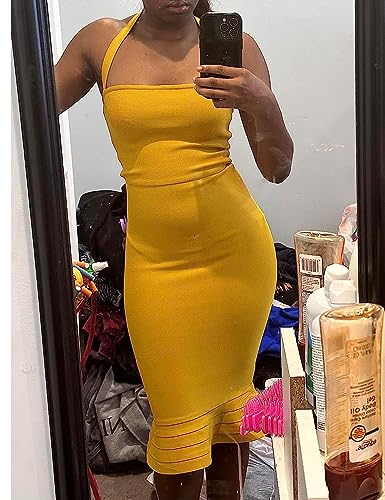 Image of houstil Women's V Neck Halter Fishtail Bandage Bodycon Dress Party