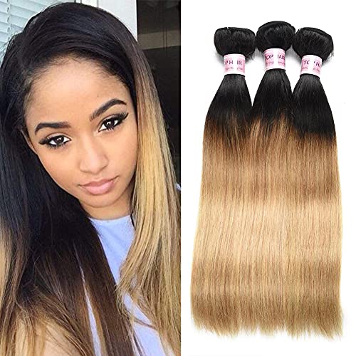 Aigemei Brazilian Virgin Hair Straight Ombre Bundles 3pcs Brazilian Straight Human Hair Bundles Ombre Blonde 100% Human Hair Weave Extensions(14 16 18 Inch, #1B/27)
