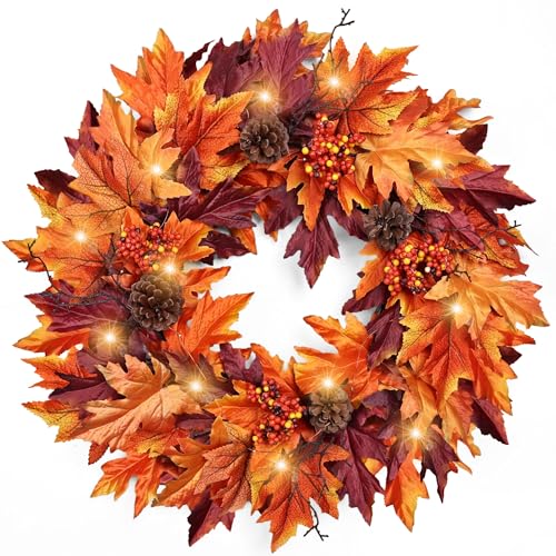 Image of Ghrdopy 24in Fall Wreath for Front Door with 20 Lights & Timer | Pre-Lit Wreath with Maple Leaves, Berries & Pinecones, for Indoor Outdoor Wall Porch Thanksgiving, Halloween home Decor
