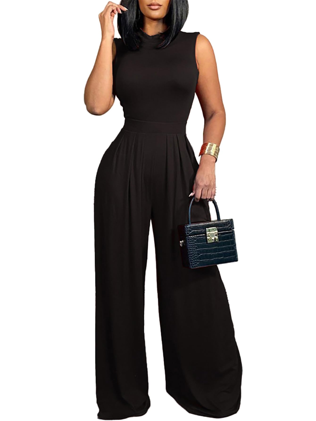 LYANERWomen's Elegant Crewneck Sleeveless High Waist Long Wide Leg Pant Jumpsuit Romper