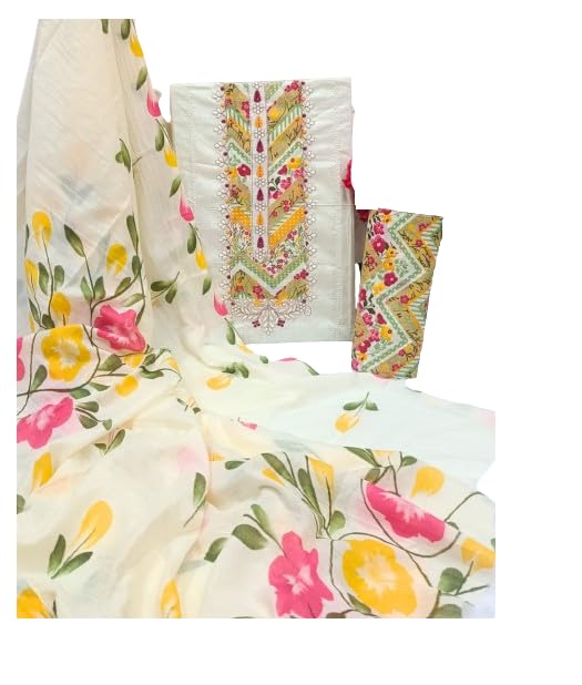 Queen Embroidered Cotton Dress Material Set with Floral Dupatta, Black and White Striped-image-41