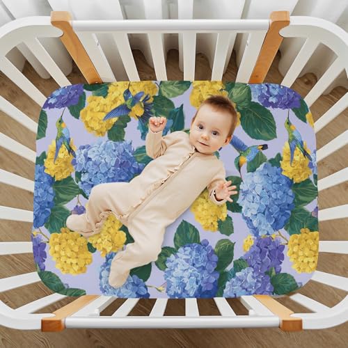 Image of Crib Sheet Breathable Soft Crib Mattress Sheet for Baby Toddler Boys Girls Fitted Crib Sheet Fit Standard Crib Mattress 52 x 28 Inch Blue Hydrangeas Hummingbirds